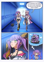 Rule 34 | 2girls, animal ears, bibi (tokoyami towa), brown pantyhose, choker, cropped jacket, ear piercing, fangs, fishnet thighhighs, fishnets, gouf, green eyes, gundam, hakui koyori, haro, highres, hololive, lab coat, mobile suit gundam, multiple girls, necktie, nyaring943, o-ring, o-ring choker, pantyhose, piercing, pink hair, pink necktie, purple eyes, purple hair, shoes, sneakers, tail, test tube, thighhighs, tokoyami towa, twintails, virtual youtuber, wolf ears, wolf tail