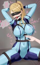 1girl 1other absurdres amayo_thranana arms_up ball_gag bdsm blonde_hair blue_bodysuit blush bodysuit bondage bound bound_wrists breast_slap breasts covered_navel gag gagged hands_on_own_head high_ponytail highres large_breasts long_hair metroid mole mole_under_mouth motion_lines nintendo paid_reward_available ponytail rope ryona samus_aran shibari shibari_over_clothes sitting slapping solo_focus spread_legs two-tone_bodysuit zero_suit