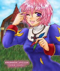 Rule 34 | 1girl, 2000s (style), :d, blue dress, blue sky, breasts, commentary request, copyright name, cross, cross necklace, dress, grass, holding, holding leaf, jewelry, juliet sleeves, leaf, long sleeves, looking at viewer, medium breasts, necklace, one eye closed, open mouth, pink hair, priest (ragnarok online), puffy sleeves, purple eyes, ragnarok online, sasamuke pika, short hair, sky, smile, solo, upper body