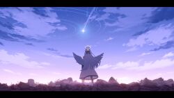 1girl absurdres blue_archive gradient_sky halo highres meteor mine_(blue_archive) night night_sky remedial_knights_(blue_archive) ruins sky star_(sky) starry_sky wings yuma_(lyq_yume)
