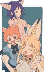 3girls :3 :d animal_ear_fluff animal_ears antenna_hair bang_dream! black_bow black_bowtie blue_background blue_shirt blush border bow bowtie cheetah_ears leopard_print closed_eyes coldcat. common_raccoon_(kemono_friends) common_raccoon_(kemono_friends)_(cosplay) cosplay dot_nose fang fennec_(kemono_friends) fennec_(kemono_friends)_(cosplay) flat_color fur-trimmed_shirt fur_trim hand_on_own_hip highres kemono_friends kitazawa_hagumi multiple_girls one_eye_closed open_mouth orange_hair outside_border paw_pose pink_sweater puffy_short_sleeves puffy_sleeves purple_eyes purple_hair raised_eyebrows red_eyes serval_(kemono_friends) serval_(kemono_friends)_(cosplay) seta_kaoru shirt short_sleeves sleeveless sleeveless_shirt smile sweater tsurumaki_kokoro upper_body white_border white_shirt yellow_bow yellow_bowtie
