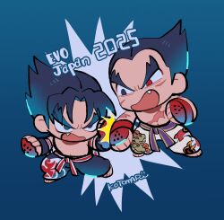 Rule 34 | 2boys, barefoot, black eyes, black hair, blue background, chibi, chibi only, clenched hands, evolution championship series, fang, fighting, fingerless gloves, full body, gloves, heterochromia, highres, hitting, kazama jin, kotorai, looking at another, male focus, mishima kazuya, multiple boys, open mouth, pants, red eyes, scar, scar on chest, short hair, signature, tekken, topless male, v-shaped eyebrows, white pants