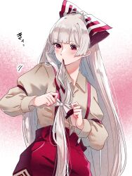 1girl blush bow fujiwara_no_mokou gradient_background hair_bow hair_ribbon highres long_hair long_sleeves mokoiscat mouth_hold pants pink_background red_eyes red_pants ribbon ribbon_in_mouth shirt solo touhou tying_hair very_long_hair white_background white_hair white_shirt