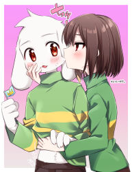 1boy 1other asriel_dreemurr biting biting_cheek blush bob_cut border brown_hair brown_pants chara_(undertale) clothes_lift commentary_request eye_contact fangs fewer_digits fingernails flag furry furry_male furry_with_non-furry goat_boy green_sweater hand_on_another&#039;s_cheek hand_on_another&#039;s_face hand_on_another&#039;s_hand highres holding holding_flag inseki interspecies jitome leftporygon lifting_another&#039;s_clothes long_sleeves looking_at_another open_mouth other_with_male outside_border pants pink_background profile short_hair skin_fangs sound_effects step-siblings sweat sweater sweater_lift thighhighs tongue translation_request turtleneck turtleneck_sweater two-tone_sweater undertale upper_body white_border white_fur yellow_sweater