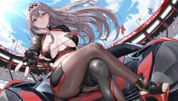 1girl absurdres alternate_costume aoi_sakura_(seak5545) bikini black_gloves black_pantyhose black_shrug breasts breasts_apart car commentary_request crossed_legs eyepatch_bikini fingerless_gloves gloves goddess_of_victory:_nikke grey_hair highres large_breasts long_hair looking_at_viewer motor_vehicle offering_hand on_car open-toe_shoes outdoors outstretched_arm outstretched_hand pantyhose race_queen reaching reaching_towards_viewer red_eyes scarlet_(black_shadow)_(nikke) scarlet_(nikke) shrug_(clothing) sitting smile solo sports_car stadium stirrup_legwear swimsuit toeless_legwear