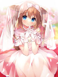 1girl :3 animal_ears barefoot blue_eyes bridal_veil bride brown_hair convenient_censoring dog_ears dog_girl dog_tail dress gloves highres long_hair looking_at_viewer no_panties original own_hands_clasped own_hands_together see-through_clothes see-through_dress short_sleeves sitting smile suimya tail twintails veil wariza wedding_dress white_dress white_gloves