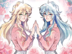 Rule 34 | 2girls, blonde hair, blue eyes, blue hair, breasts, casual, dual persona, eyelashes, floral background, flower, genderswap, genderswap (mtf), green eyes, hands up, holding hands, lipstick, long hair, long sleeves, looking at viewer, makeup, mole, mole under eye, multiple girls, official alternate costume, pink flower, pink lips, pink rose, pink shirt, pisces aphrodite, rose, rose background, saint seiya, shirt, skirt, smile, steepled fingers, symmetrical hand pose, symmetrical pose, upper body, user wxuf7532, white skirt