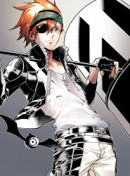 1boy absurdres belt belt_buckle black_belt black_gloves black_jacket black_order_uniform buckle closed_mouth collarbone d.gray-man earrings eyepatch fingerless_gloves fukuzawa_yukichi_(egoist867) gloves green_eyes grey_background headband highres holding holding_weapon jacket jewelry lavi leaning_back male_focus open_clothes open_jacket orange_hair pants shirt short_hair smile solo spiked_hair weapon white_pants white_shirt