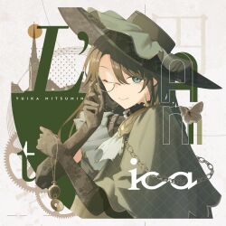 1girl absurdres adjusting_eyewear black_hair blue_eyes bridal_gauntlets bug butterfly capelet chain character_name gloves gold_chain green_hat hat highres idolmaster idolmaster_shiny_colors insect lace lace_gloves lace_trim long_hair mitsumine_yuika monocle odecono3 pocket_watch solo watch wide_brim