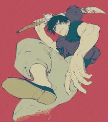 1boy arm_up black_shirt black_shoes blood bloody_weapon film_grain fushiguro_touji grey_pants highres holding holding_sword holding_weapon inventory_curse_(jujutsu_kaisen) jujutsu_kaisen leg_up looking_at_viewer male_focus mim_(mimya0600) monster muscular muscular_male pants parted_lips shirt shoes short_sleeves solo sword t-shirt weapon