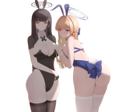 2girls absurdres animal_ears ass black_gloves black_hair black_halo black_leotard black_thighhighs blonde_hair blue_archive blue_hairband blue_halo blue_leotard breasts cleavage detached_collar fake_animal_ears fake_tail gloves hairband half_gloves halo highres large_breasts leotard long_hair looking_at_viewer multiple_girls official_alternate_costume playboy_bunny rabbit_ears rio_(blue_archive) simple_background strapless strapless_leotard tail thighhighs toki_(blue_archive) toki_(bunny)_(blue_archive) white_background white_thighhighs white_wrist_cuffs wrist_cuffs xifanqvq