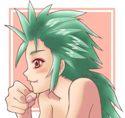 1boy blush fang final_fantasy final_fantasy_vi fist gau green_hair male_focus ponytail red_eyes smile wild_hair