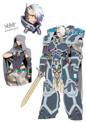 1girl alpha_legion alpharius alpharius_omegon armor belt black_leotard breastplate breasts camouflage camouflage_pants cape chain cloak closed_mouth clothing_cutout fingerless_gloves full_armor gauntlets genderswap genderswap_(mtf) gloves greaves highleg highleg_leotard highres holding holding_sword holding_weapon hood hooded_cloak large_breasts leotard multiple_views omegon pants pauldrons plasma_pistol power_armor primarch ryuusei_(mark_ii) short_hair shoulder_armor signature simple_background standing sword undercut warhammer_40k weapon white_background white_hair