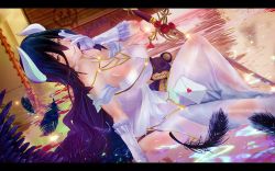 1girl 3d albedo_(overlord) bare_shoulders black_hair black_wings breasts cleavage demon_girl demon_horns dress feathered_wings female_focus gloves hair_between_eyes highres hip_vent horns large_breasts long_hair looking_at_viewer overlord_(maruyama) saiko_psycho solo very_long_hair white_dress white_gloves wings yellow_eyes