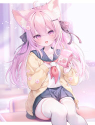 1girl :d ahoge animal_ear_fluff animal_ears bendy_straw black_sailor_collar black_skirt blurry blurry_background blush brown_cardigan cardigan chair commission day depth_of_field desk drinking_straw feet_out_of_frame flower hair_between_eyes hair_flower hair_ornament hairclip highres holding_carton komachi_pochi long_hair long_sleeves looking_at_viewer milk_carton neckerchief on_desk open_cardigan open_clothes open_mouth original pink_eyes pink_hair pleated_skirt puffy_long_sleeves puffy_sleeves red_neckerchief sailor_collar school_chair school_desk shirt sitting skeb_commission skirt sleeves_past_wrists smile solo sunlight thighhighs very_long_hair white_flower white_shirt white_thighhighs window