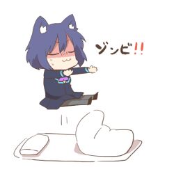 1girl :3 animal_ear_fluff animal_ears black_jacket black_shoes black_skirt blue_hair cat_ears chibi closed_eyes closed_mouth futon grey_pantyhose jacket kemonomimi_mode lowres nijisanji pantyhose pillow pleated_skirt rebecca_(keinelove) school_uniform shaded_face shizuka_rin shizuka_rin_(1st_costume) shoes simple_background skirt solo sweat translation_request virtual_youtuber white_background