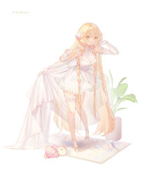 1girl absurdres alternate_hairstyle animal_ears atashi_(chobits) blonde_hair braid breasts bridal_veil chii chinese_commentary chobits commentary_request doll dress faux_figurine flower frills gloves hair_flower hair_ornament high_heels highres large_breasts long_hair looking_at_viewer persocom_(chobits) pink_flower plant potted_plant robot_ears shoes simple_background skirt_hold solo standing standing_on_one_leg stuffed_animal stuffed_rabbit stuffed_toy veil very_long_hair wedding_dress white_background white_dress white_gloves white_shoes zhongji_yaoguai
