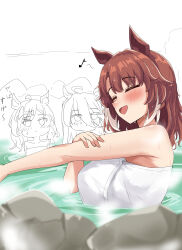 Rule 34 | 3girls, absurdres, animal ears, breasts, brown hair, cleavage, dantsu flame (umamusume), gryebooks, highres, hishi miracle (umamusume), horse ears, horse girl, manhattan cafe (umamusume), multiple girls, naked towel, onsen, open mouth, partially submerged, simple background, solo focus, towel, umamusume, white background