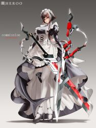 1girl absurdres apron artist_name black_dress black_gloves black_hair black_shoes breasts commentary dress english_commentary fins fish_tail full_body gloves grey_background gun high_heels highres holding holding_sword holding_weapon holster long_sleeves looking_at_viewer louu_heroo maid maid_apron maid_headdress medium_breasts medium_hair multicolored_hair open_mouth original parted_lips red_eyes shark_tail shoes sidelocks simple_background solo standing streaked_hair sword tail thigh_holster thighhighs weapon white_apron white_thighhighs