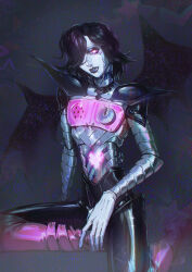 Rule 34 | 1boy, absurdres, androgynous, black hair, black lips, boots, colored skin, eyeshadow, gloves, glowing, glowing eyes, hair over one eye, heart, highres, knee boots, makeup, male focus, mechanical arms, mettaton, mettaton ex, pink boots, pink eyes, robot, rosarobot, undertale, white gloves