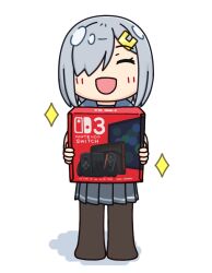 black_pantyhose box closed_eyes commentary_request facing_viewer grey_hair grey_sailor_collar grey_skirt hair_ornament hair_over_one_eye hairclip hama!_(3toshinhmkz) hamakaze_(kancolle) holding holding_box kantai_collection neckerchief nintendo_switch_2 no_nose pantyhose pleated_skirt sailor_collar school_uniform serafuku short_hair simple_background skirt smile sparkle white_background
