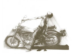 00s 1boy brown_theme closed_eyes enticer harima_kenji male_focus monochrome motor_vehicle motorcycle school_rumble short_hair simple_background solo vehicle white_background yamaha