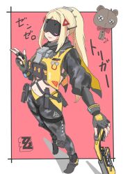 Rule 34 | 1girl, black gloves, black pants, black shrug, blindfold, blonde hair, camouflage, camouflage jacket, camouflage pants, covered eyes, eye mask, fingerless gloves, gloves, gun, hair ornament, highres, holding, holding gun, holding weapon, jacket, latex pants, long hair, miya zirou, navel, pants, ponytail, shrug (clothing), smile, tight clothes, tight pants, triangle hair ornament, trigger (zenless zone zero), w, weapon, zenless zone zero, zipper pull tab