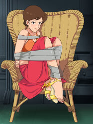 absurdres bdsm bondage bound breasts brown_eyes brown_hair cleavage high_heels highres lipstick lost_one_zero lupin_iii makeup medium_breasts mine_fujiko smile tape tape_bondage