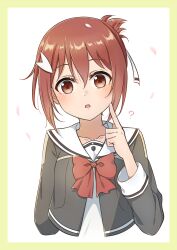 1girl :d ? blush bow bowtie cherry_blossoms collarbone cropped_torso eda_udon grey_shirt hair_ornament hair_ribbon hairclip highres index_finger_raised long_sleeves looking_at_viewer open_mouth ponytail red_bow red_bowtie red_eyes red_hair ribbon sailor_collar sailor_shirt sanshuu_middle_school_uniform school_uniform shirt short_hair short_ponytail smile solo upper_body white_ribbon white_sailor_collar yuuki_yuuna yuuki_yuuna_wa_yuusha_de_aru yuusha_de_aru
