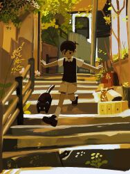 1boy ahoge antenna_hair black_hair black_vest candlenekra cat expressionless highres leaf looking_down male_focus omori outdoors road running shirt short_hair socks stairs street sunny_(omori) tree vest white_shirt white_socks