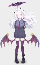 1girl absurdres ahoge bag black_halo black_skirt black_thighhighs blue_archive blush breasts demon_girl demon_horns demon_wings full_body halo highres hina_(blue_archive) holding holding_bag horns long_hair looking_at_viewer necktie noshiro_pixv purple_eyes school_uniform skirt small_breasts solo standing thighhighs thighs white_hair wings
