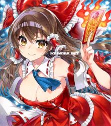 Rule 34 | 1girl, ascot, between fingers, blue ascot, bow, breasts, brown eyes, brown hair, burning, chacham, cleavage, closed mouth, commentary request, detached collar, detached sleeves, frilled bow, frilled hair tubes, frills, hair bow, hair tubes, hakurei reimu, holding, holding ofuda, large breasts, long hair, long sleeves, looking at viewer, marker (medium), ofuda, red bow, red skirt, reimu day, shirt, skirt, smile, solo, strapless, strapless shirt, touhou, traditional media, twitter username, white sleeves