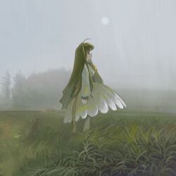 1girl ahoge copyright_request dress fog from_side grass green_hair green_theme hair_intakes highres kibishiihiekomi long_hair long_sleeves looking_ahead looking_up nature neckerchief outdoors profile puffy_long_sleeves puffy_sleeves solo standing very_long_hair yellow_neckerchief