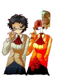 1girl absurdres adjusting_eyewear arm_behind_back ascot black_eyes black_hair black_skirt blush brown_vest chinese_commentary collared_shirt commentary_request cropped_legs disembodied_ear disembodied_eye expressionless glasses guro hand_up headless highres jar long_sleeves looking_at_viewer meguro_miyuki multiple_views organs pixie_cut red_ascot sayonara_wo_oshiete school_uniform severed_finger severed_hand shirt short_hair simple_background skirt underbust very_short_hair vest white_background white_shirt xiboliya_suanxing_shengwu