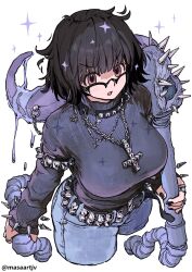 Rule 34 | 1girl, armlet, artist name, belt, belt buckle, black-framed eyewear, black hair, black nails, black sweater, blinky (hunter x hunter), blue pants, breasts, brown eyes, buckle, chain, chain necklace, collar, commentary, cropped legs, cross, cross necklace, denim, from above, highres, holding, holding vacuum cleaner, hunter x hunter, impossible clothes, impossible shirt, inverted cross, jeans, jewelry, large breasts, long sleeves, looking at viewer, masaartjv, monster, nail polish, necklace, pants, parted lips, ring, saliva, semi-rimless eyewear, shirt, shizuku murasaki, short hair, simple background, sleeves past wrists, sparkle, spikes, standing, studded armlet, studded belt, studded collar, sweater, tight clothes, tight pants, tongue, tongue out, turtleneck, turtleneck sweater, twitter username, vacuum cleaner, white background