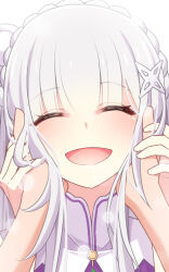 1girl 1other blush braid closed_eyes emilia_(re:zero) hair_ornament hand_on_another&#039;s_cheek hand_on_another&#039;s_face hand_on_another&#039;s_hand hands_on_another&#039;s_face highres merueru open_mouth re:zero_kara_hajimeru_isekai_seikatsu simple_background smile solo_focus white_background white_hair