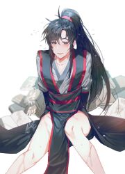 1boy ahoge arms_behind_back bare_legs bishounen black_eyes black_hair black_hanfu blush book chinese_clothes chinese_text collarbone feet_out_of_frame hanfu high_ponytail highres jujeop korean_commentary long_hair long_sleeves looking_at_viewer male_focus modao_zushi no_pants open_book open_mouth parted_bangs parted_lips pelvic_curtain ponytail sash side_slit sidelocks signature simple_background sitting smile solo sweat trap tunic very_long_hair watermark wei_wuxian wet wet_clothes wet_face wet_hair white_background