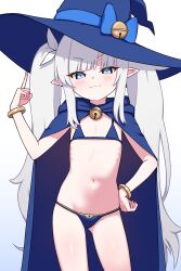 1girl :3 absurdres bell bikini blue_bikini blue_bow blue_cape blue_eyes blue_hat borrowed_character bow cape closed_mouth commentary dungeon_and_fighter female_mage_(dungeon_and_fighter) flat_chest hat hat_bell hat_bow highres jingle_bell long_hair navel neck_bell original petite simple_background solo swimsuit twintails very_long_hair white_background white_hair witch_(dungeon_and_fighter) witch_hat zing_(z_z_zing)