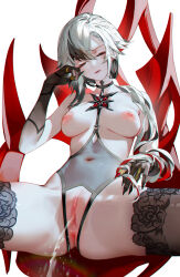 Rule 34 | 1girl, alternate costume, anus, arlecchino (genshin impact), arm rest, black hands, black thighhighs, breasts, peeing, censored, closed eyes, closed mouth, colored extremities, female focus, fingernails, genshin impact, hair over shoulder, hand up, head on hand, head rest, highres, iumu, lingerie, long fingernails, makeup, medium breasts, mosaic censoring, multicolored hair, navel, nipples, peeing, pussy, pussy cutout, sitting, solo, spread legs, thighhighs, two-tone hair, underwear, white hair