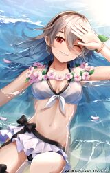 1girl absurdres bikini bikini_skirt black_hairband blush breasts cleavage female_corrin_(fire_emblem) female_corrin_(novice_vacationer)_(fire_emblem) fire_emblem fire_emblem_fates fire_emblem_heroes flower flower_necklace gluteal_fold grey_hair hair_between_eyes hair_ornament hairband highres jewelry lei long_hair looking_at_viewer medium_breasts navel necklace nintendo official_alternate_costume one_eye_closed open_mouth partially_submerged pointy_ears red_eyes ryo-suzuki smile solo swimsuit thighs water white_bikini wreath