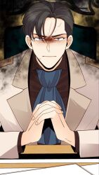 1boy black_hair black_shirt brown_eyes closed_mouth disgust hands_up highres jacket long_hair looking_at_viewer shirt sitting solo sovieshu_trovi_victor the_remarried_empress white_jacket