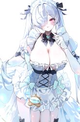 1girl :p absurdres alternate_costume amu1207 black_bow black_bowtie blush bow bowtie breasts cinderella_(nikke) cleavage commentary corset english_commentary enmaided frilled_skirt frills gloves goddess_of_victory:_nikke hair_over_one_eye heart highres index_finger_raised large_breasts looking_at_viewer maid maid_headdress red_eyes simple_background skirt solo tongue tongue_out twintails white_background white_gloves white_hair white_skirt
