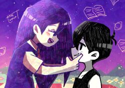 Rule 34 | :d, ^ ^, absurdres, antenna hair, artist name, bare shoulders, black hair, black tank top, blush, brother and sister, closed eyes, collarbone, collared shirt, colored skin, commentary, english commentary, face-to-face, facing another, finger to another&#039;s cheek, fingersmile, from side, grass, grin, hair behind ear, hatching (texture), highres, light particles, looking at another, mari (headspace) (omori), mari (omori), omori, omori (omori), open mouth, outdoors, picnic blanket, profile, purple hair, purple sky, purple sweater vest, shirt, short hair, short sleeves, siblings, sideways mouth, sky, smile, sweater vest, tank top, teeth, tongue, upper body, upper teeth only, watawata22, white shirt, white skin