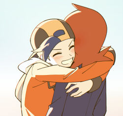 Rule 34 | 2boys, arms around neck, backwards hat, baseball cap, black hair, black shirt, blush, chueog, closed eyes, ethan (pokemon), grin, hat, highres, hood, hood down, hooded jacket, hug, jacket, long sleeves, male focus, multiple boys, nintendo, pokemon, pokemon hgss, red hair, red jacket, shirt, silver (pokemon), simple background, sleeve cuffs, smile, teeth, white background