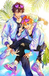 Rule 34 | 2boys, akehoshi subaru, black pants, blue eyes, brown eyes, brown hair, dongbackbyul, ensemble stars!, eyewear on head, hair between eyes, hand on another&#039;s leg, heart, heart-shaped eyewear, high collar, highres, jacket, leaf, leg on another&#039;s leg, long sleeves, looking at viewer, male focus, morisawa chiaki, multiple boys, open clothes, open jacket, open mouth, orange hair, pants, purple-tinted eyewear, short hair, sitting, smile, tile floor, tiles, tinted eyewear, w, white jacket