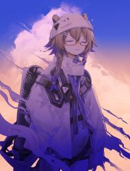 1girl animal_ears arknights arms_at_sides bandaid bandaid_on_face blue_sky braid brown_hair bucket_hat closed_eyes cloud coat commentary_request contrail_(arknights) cowboy_shot ears_through_headwear gradient_hair gradient_sky grey_shirt hat highres jetpack jixing multicolored_hair orange_sky purple_hair red-framed_eyewear semi-rimless_eyewear shirt sky smile solo twin_braids white_coat white_hat