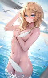 1boy absurdres animal bird blonde_hair blue_eyes blue_sky blush bridget_(guilty_gear) closed_mouth cloud commentary_request completely_nude convenient_censoring covering_nipples covering_privates day feathers guilty_gear guilty_gear_strive hakusyokuto highres looking_at_viewer male_focus medium_hair navel nude ocean outdoors partially_submerged sky smile solo trap wet wet_hair