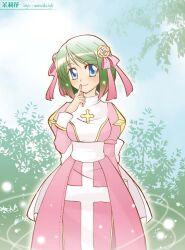 1girl 2000s_(style) back_bow bad_id blue_eyes blush bow breasts closed_mouth cowboy_shot cross dress flower green_hair hair_bow hair_flower hair_ornament high_priest_(ragnarok_online) index_finger_raised juliet_sleeves long_sleeves looking_at_viewer medium_breasts pink_bow pink_dress puffy_sleeves ragnarok_online rose sash short_hair smile solo tachibana_sakuya_(matsurika) tree two-tone_dress watermark web_address white_bow white_dress white_sash yellow_flower yellow_rose