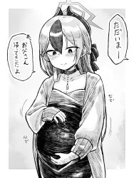 1girl blue_archive blush choker closed_mouth collarbone commentary_request demon_horns dress greyscale hair_between_eyes halo highres holding_own_stomach horns jacket kayoko_(blue_archive) kayoko_(dress)_(blue_archive) long_hair long_sleeves looking_down mole mole_on_collarbone monochrome moromo1996 motion_lines official_alternate_costume official_alternate_hairstyle open_clothes open_jacket pregnant smile solo speech_bubble standing translation_request
