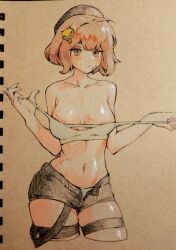 1girl :/ anis_(nikke) bandaid bandaid_on_cheek bandaid_on_face bare_shoulders black_hat black_shorts bra_tug breasts cleavage collarbone commentary_request contrapposto cropped_legs goddess_of_victory:_nikke hair_ornament hairclip hat highres korean_commentary mangpu marker_(medium) medium_breasts navel open_fly orange_hair panties photo_(medium) shiny_skin short_hair short_shorts shorts solo sports_bra thigh_strap traditional_media underwear white_panties white_sports_bra